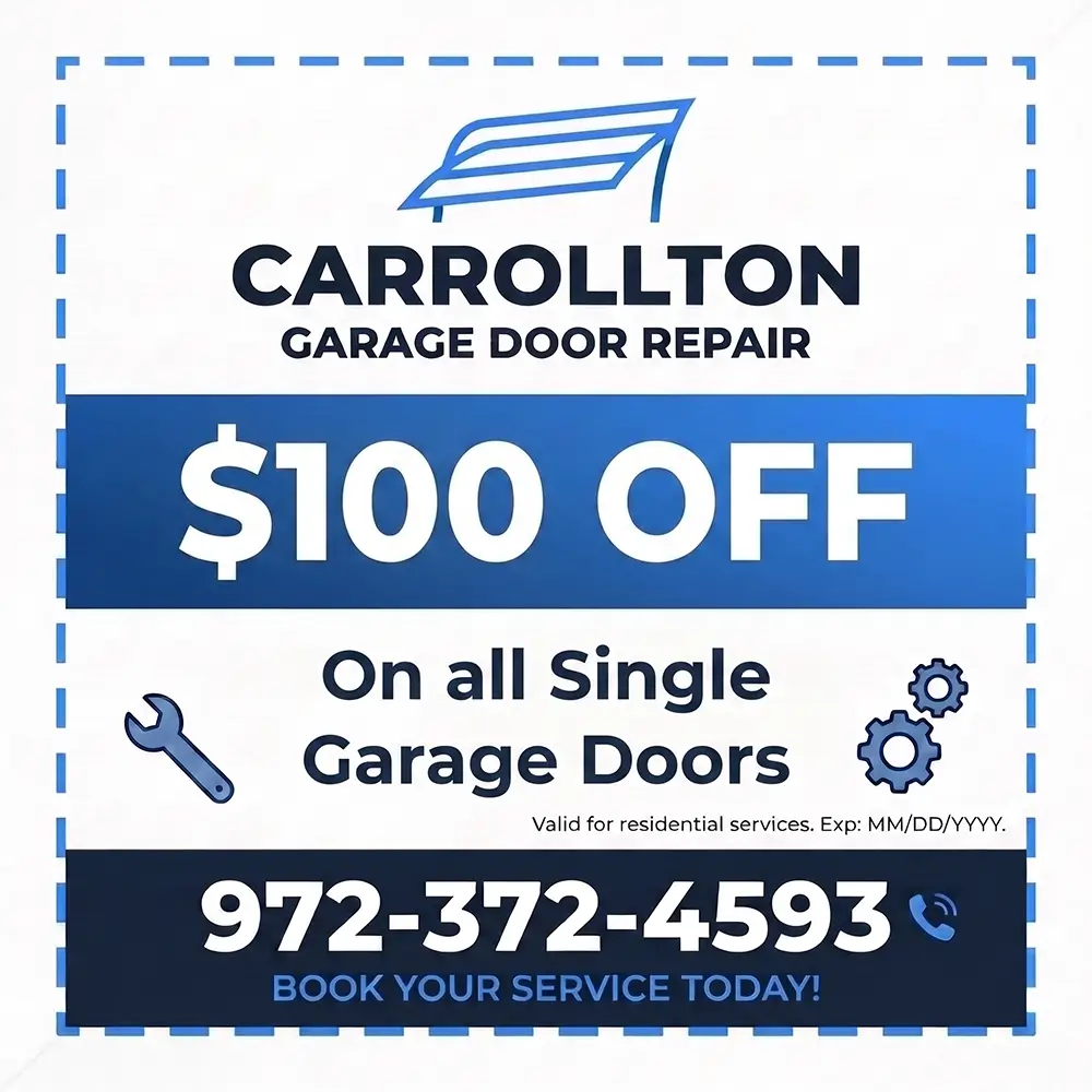 100 dollars off all single garage doors coupon from Carrollton Garage Door Repair