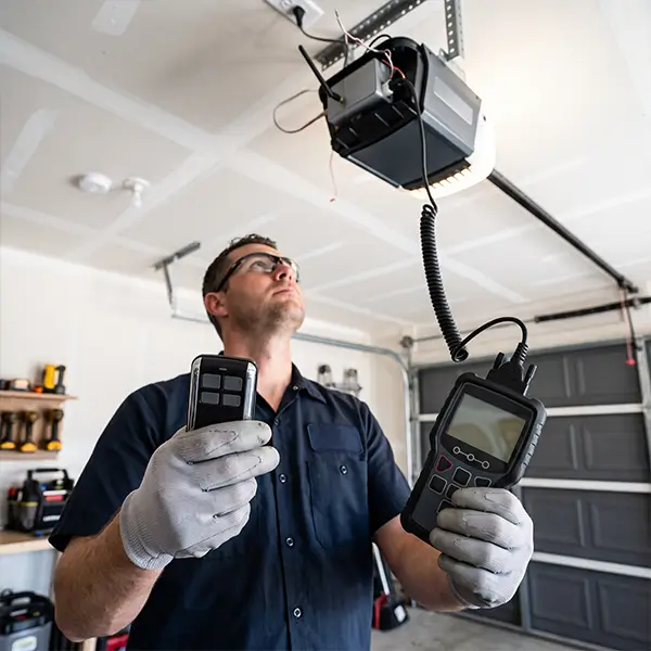 Technician repairing a garage door opener in Carrollton TX