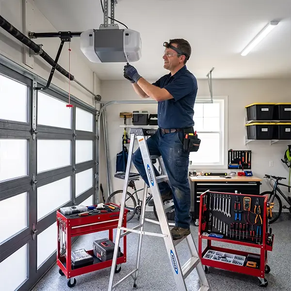 Technician repairing a stuck garage door in Carrollton TX