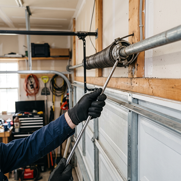 Technician repairing a stuck garage door spring in Carrollton TX
